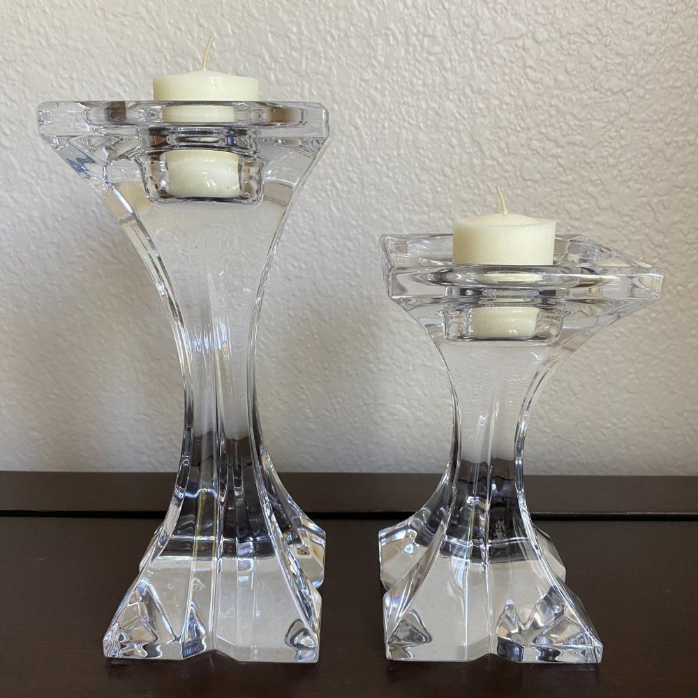 2 Pillar Clear Glass 24% Crystal Lead Candle Holders Slovenia 9" & 6" Tall